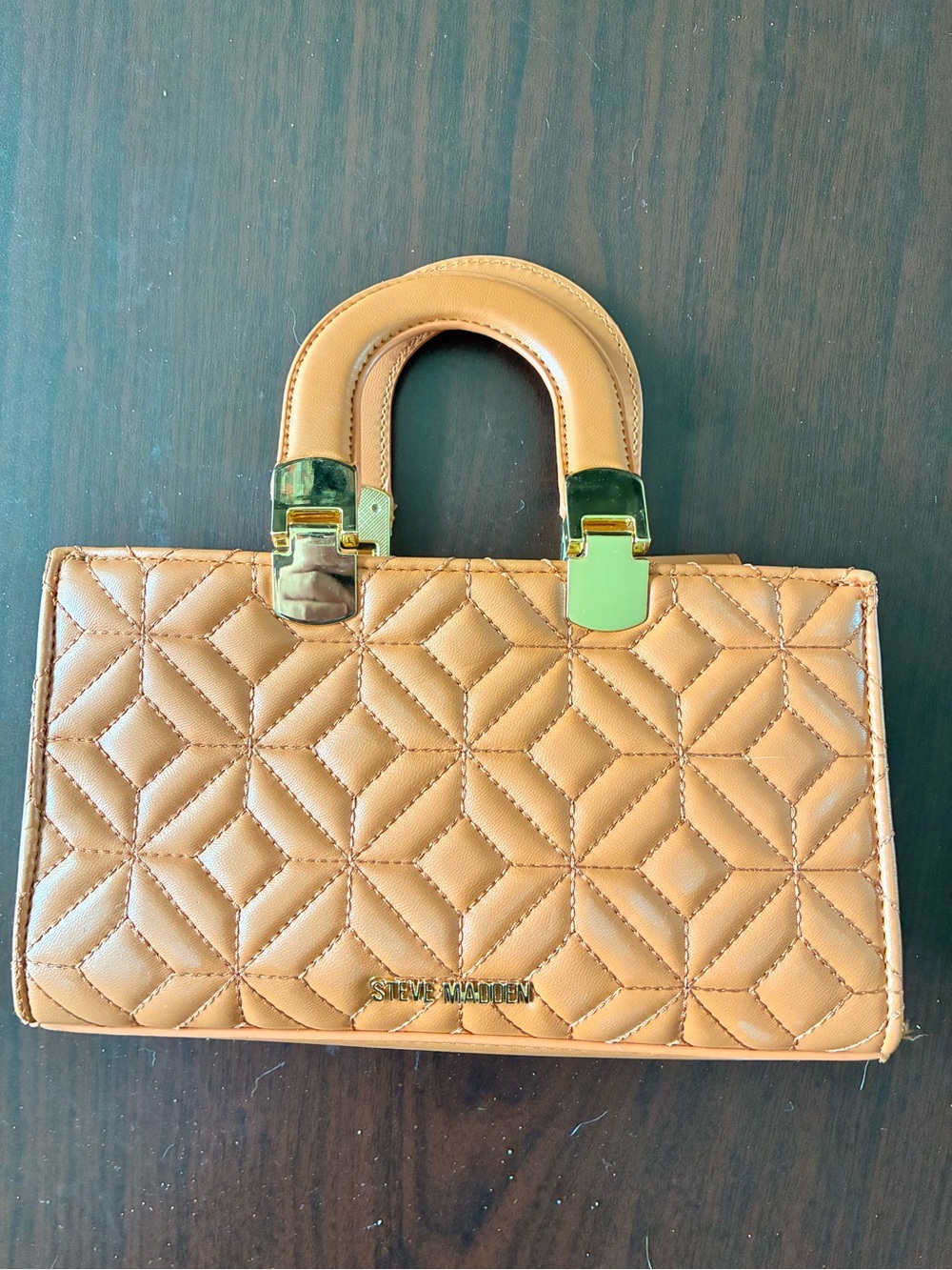 Steve Madden Quilted Camel Top-Handle Satchel with Gold Hardware